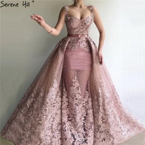 Pink Sleeveless Handmade Flowers Tulle Prom Dresses 2020 Dubai Mermaid Sexy Long Formal Gowns Serene Hill BLA60991