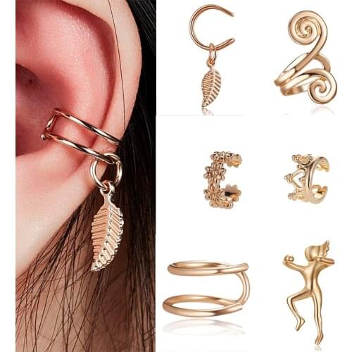 Rose Gold No Pierced Ear Clip Cuff Wrap Earrings Leaf Feather Pendant Non-piercing Clip Earrings Ear Cuff Party Jewelry
