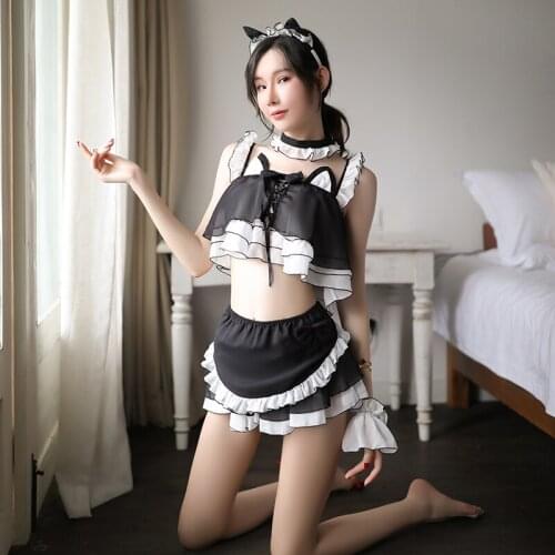 Sexy Costume Babydoll Dress Uniform Erotic Lingerie Role Play Cosplay Cat Girl Maid Six Piece Uniform Role Play Seductive Maid