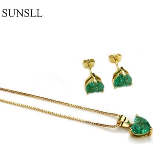 SUNSLL Golden Color Copper Multicolor Crack Cubic Zirconia Stud Earrings And Pendant Necklaces Womens Fashion Jewelry Sets