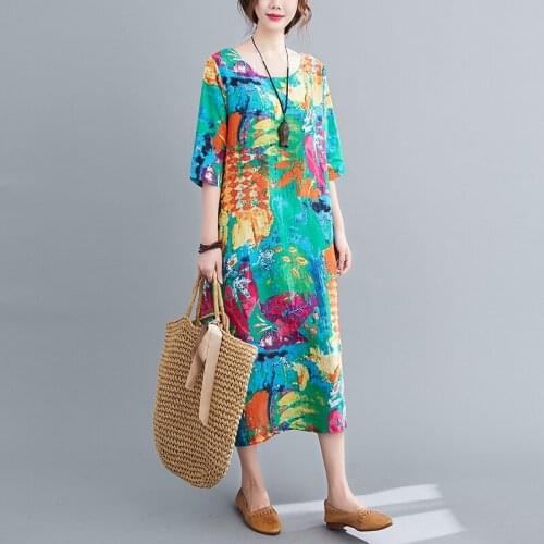 Tie Dye Print Fashion Women Dress 2021 New Arrival Short Sleeve Loose Summer Dress Cotton Linen Travel Casual Midi Dress