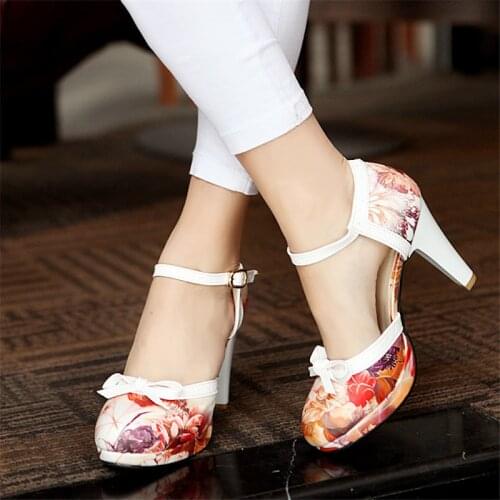 YMECHIC Lolita High Heels Ladies Printed Ankle Strap Mary Jane Party Shoes Bowtie Butterfly-knot Spike High Heel Pumps Summer