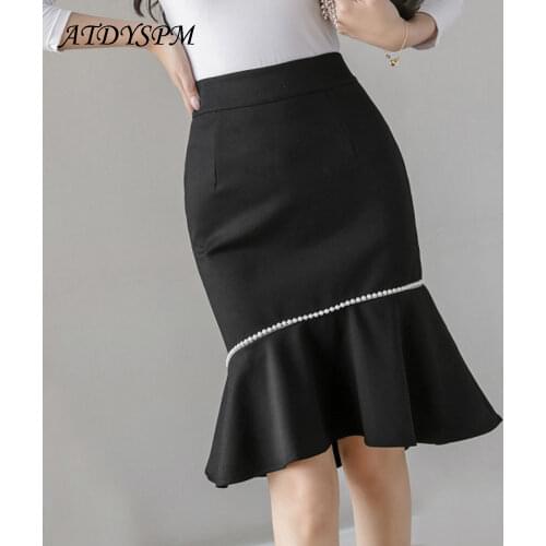 Women Beaded Black Mermaid Skirts High Waist Slim Package Hip Skirt Office Lady Elegant Fashion Plus Size Midi Skirt Jupes Falad