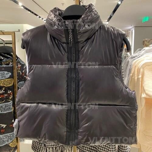 2021 Spring Autumn Women Black Glossy Hooded Jacket Coat Chic Zipper Sleeveless Cotton Outwear Casual Warm Short Tops Female