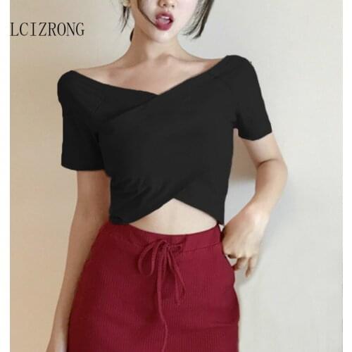 Fashion Tight Short T Shirt Women Sexy V-neck Slim Streetwear Tshirt Summer Thin Black Crop Tops Bodycon Shirts Mujer