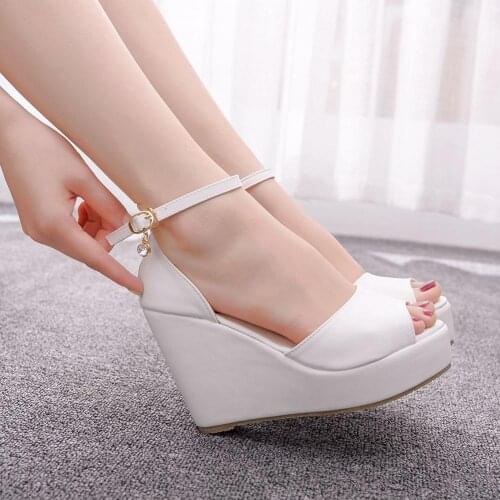 2021 summer new style large size slope with high heel sandals banquet dress fish mouth shoes white bride wedding shoes women