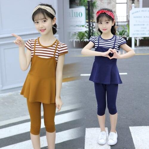2020 Summer Girls Clothing Set Baby GirlClothes Cotton Condole Patchwork Stripe Top+Tight Pants Suits For 4 6 8 10 12 14 Years
