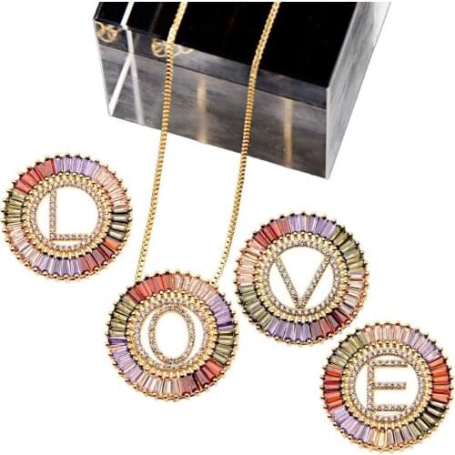 26 Letter Pendant Necklace Multicolor Colorful Ziconia A-Z Initials Round Circle Shaped Hot Sale Chain Family Jewelry Meaningful