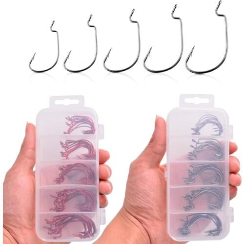 Crank Fishing Hook Set For Soft Bait Worm 50 PCS Worm Fishing Hook Clamp Wide Gap Crank High Carbon Steel Crank Barbed Hook