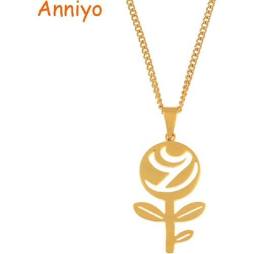 Anniyo Flower Rose Pendant Necklaces for Women Girls Charm Jewelry Party Gifts African Arab Stainless Steel Accessories #067021