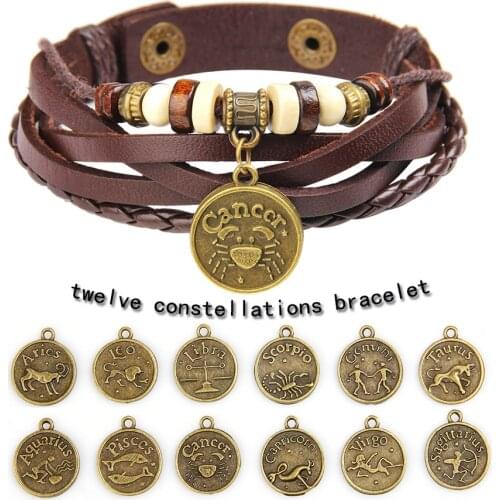 12 Constellation Bracelets Bronze Round Zodiac Pendant Bracelet Genuine Leather Bangle Leo Virgo Men Women Birthday Gift Jewelry