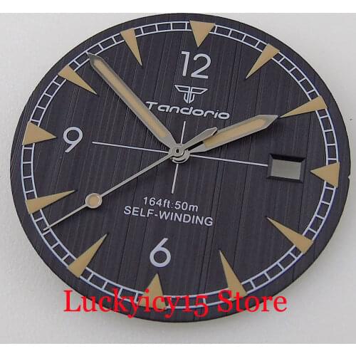 Tandorio Brand 33.5MM Black Steel Watch Dial fit NH35A Date Window Luminous Hand