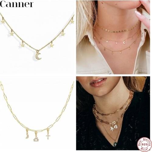 CANNER Simple 925 Sterling Silver Choker Necklace Stars Moon Pendant Necklace for Women Fashion Clavicle Chain Necklaces Jewelry