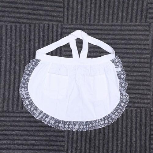 Cotton Waist Apron Lace Short Apron with Pockets for Maid Waitress Servant (White)