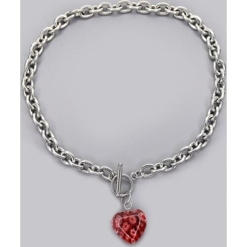 KBJW Original Vintage Heart Pendant Necklace Stainless Steel Chunky Rolo Chain Choker 3 Colors Sweet-Heart Jewelry for Women