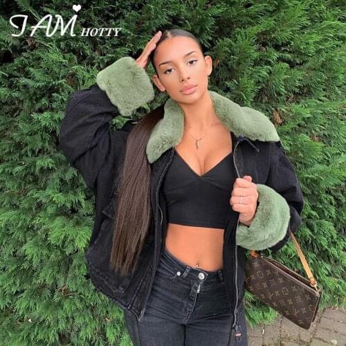 Denim Jacket With Fur Women Vintage Down Warm Qualited Jean Coat Female Autumn Outwear Removable Furry Collar Clothes Iamhotty