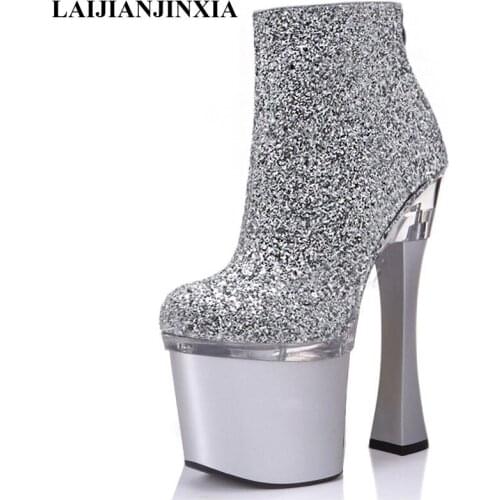 LAIJIANJINXIA New Dance Boots Womens Classic Shoes 18 cm High Heels Sexy Sequins Fashion Ankle Boots Sexy Pole Dancing Shoes