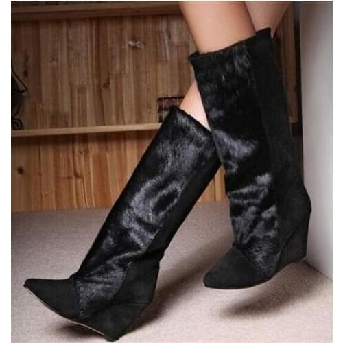 Fashion Winter Warm Patchwork Horse Hair Suede Knee Boots Point Toe Slip On Hidden Wedge Women Boots Botas Mujer Long Boots