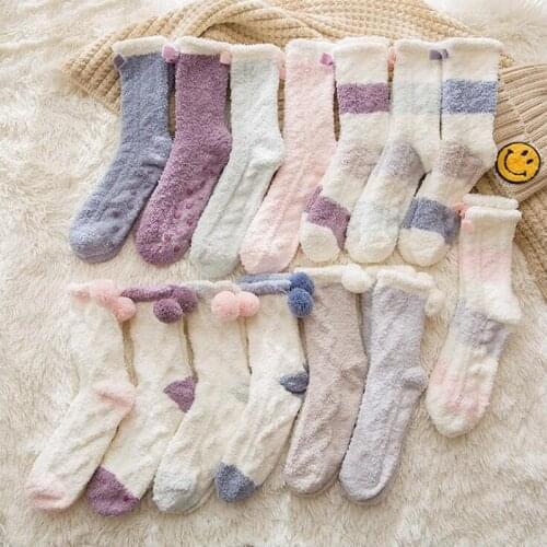 1 Pair Cute Candy Color Soft Fluffy Socks for Women Coral Velvet Autumn Winter Warm Home Indoor Floor Female Girls Socks