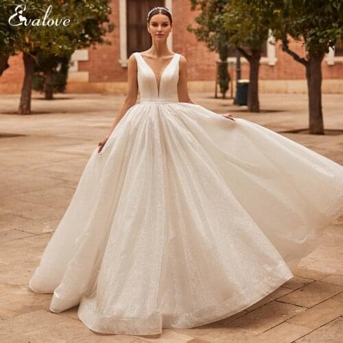 EVALOVE Charming V-Neck Backless Bride A-Line Wedding Dress 2021 Gorgeous Sparkly Tulle Brush Train Custom Princess Bridal Gown