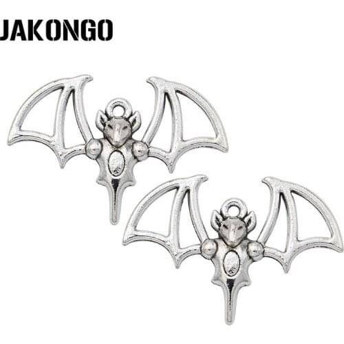 JAKONGO Antique Silver Plated Flying Bat Charms Pendants for Bracelet Jewelry Making DIY Necklace Craft 33x23mm 10PCS/lot