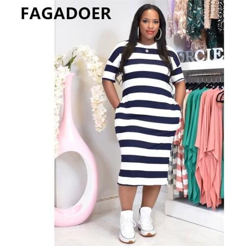 FAGADOER Plus Size Casual Midi Dress O Neck Striped Straight Dresses Autumn Pocket Casual Vestidos Women Fashion Streetwear 2021