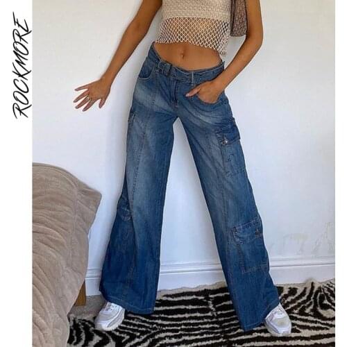 Rockmore Streetwear Baggy Jeans Sashes Women Plus Size Pockets Wide Leg Cargo Pants Y2K 90s Low Waist Straight Denim Trousers