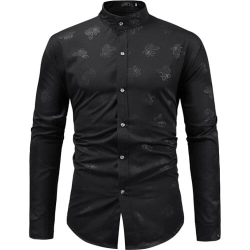 Fashion Printed Long Sleeve Shirt Men Hipster Black Mandarin Collar Button Up Shirt Mens Work Business Casual Dress Shirts Male