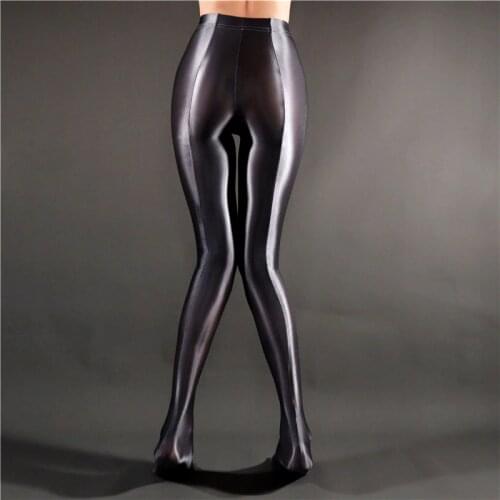 Sexy Women Stripe Oil Gloosy Pencil Pant Shiny Full Smooth See Through Sexy Leggings Candy Color Dance Wear F20