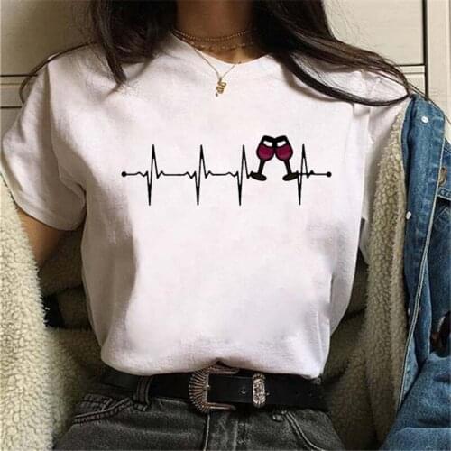 New Wine Heartbeat Print T Shirt Women Short Sleeve T-shirts Top T Cartoon Graphic Female Tee T-Shirt Ladies Clothes