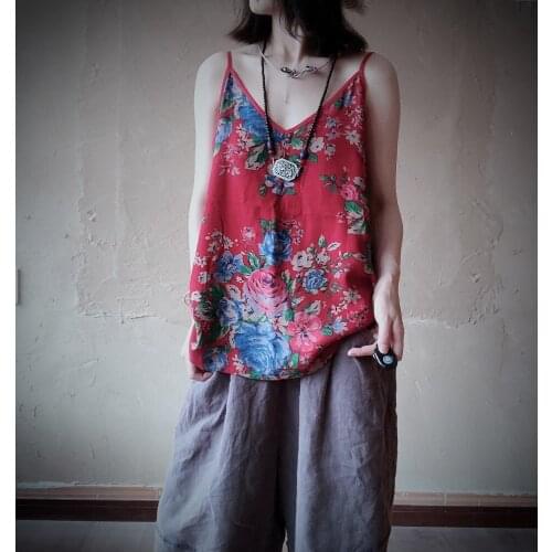Women Loose Printed Floral V Neck Camis Ladies Vintage Print Flower Sleeveless Tops Tanktops Female 2020 Summer Camis