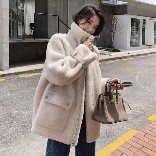 Women Autumn Winter Lamb Fur Sheepskin Coat Vintage Loose Sheep Shearing Coats Female Casual Warm Thick Outerwear