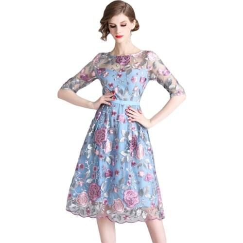 2021 New Spring Summer Women Sexy Evening Dress High Quality Transparent Mesh Flowers Embroidery Runway Elegant Dress