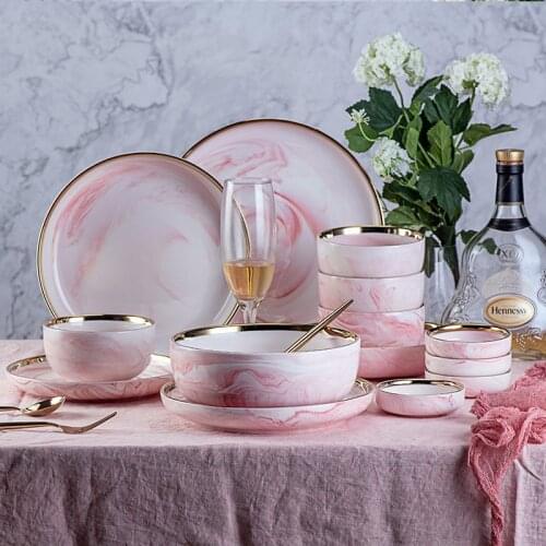 1pc Pink Phnom Penh Marble Ceramic Tableware Bowl Plate Creative Ins Rice Salad Noodles Dish Soup Spoon Dinnerware Sets
