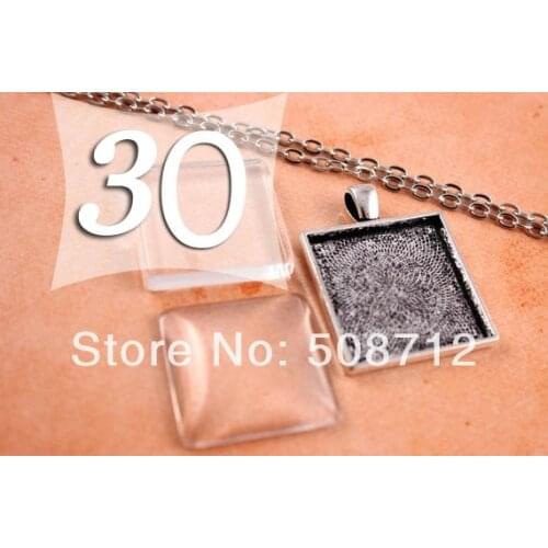 30sets Flash Sale Antique Silver Pendant Kits- Black 1 inch blank pendant trays, black necklaces, crystal clear glass cabochans