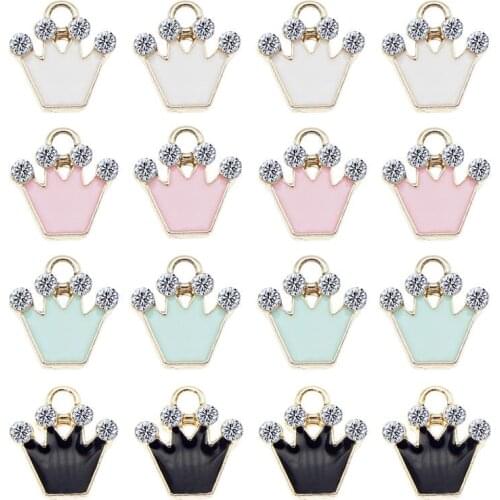 Julie Wang 8PCS Enamel Small Crown Charms Black Blue Pink White Crown With Rhinestone Alloy Bracelet Jewelry Making Accessory