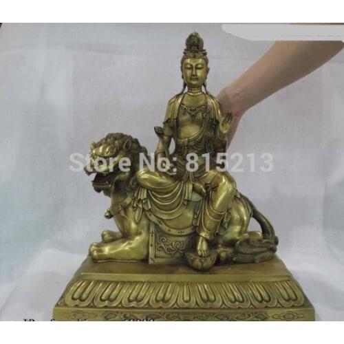 Bi0011824 18 Tibet Brass Copper Samantabhadra Bodhisattva Kwan Yin Sit Foo Dog lion Statue