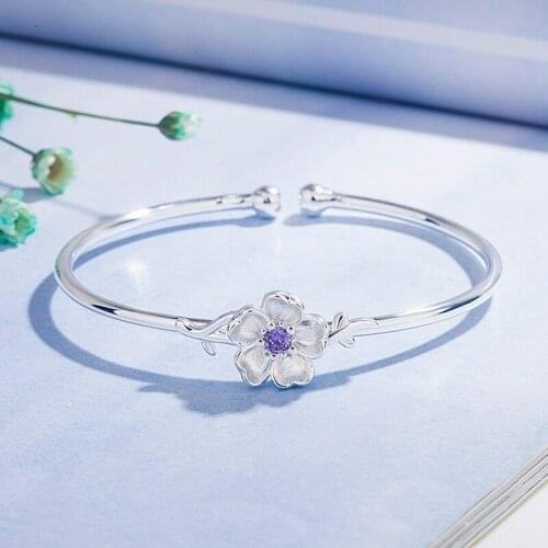 Pure Silver Cuff Bracelets For Women Pink / Purple Zirconia Flower Open Bangles Bracelet Pulseira Femme Jewelry Accesories