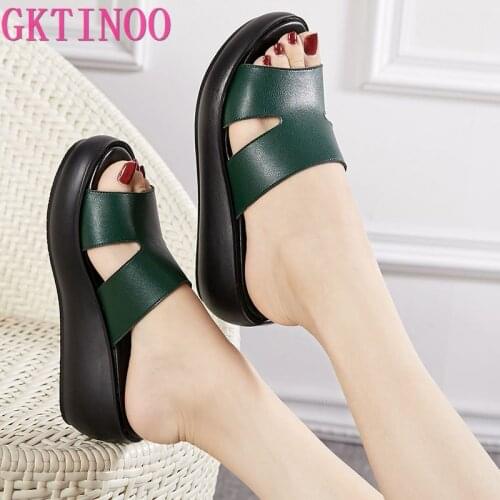 GKTINOO Women Slippers 2021 Ladies Summer Slippers Genuine Leather Shoes Women Wedges Heels Fashion Summer Shoes