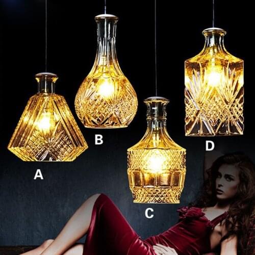Art Clear Glass Bottle Pendant Lights Wine Bottle Engraved Glass Pendant Hamps E27 LED Hanging Light For Restaurant Cafe Bar