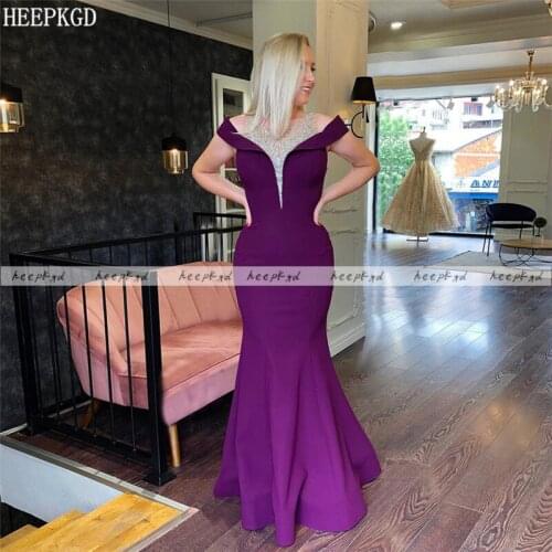 Exquisite Crystal Purple Mermaid Arabic Evening Dress Off The Shoulder Long Formal Dresses Plus Size Women Occasion Party Gowns