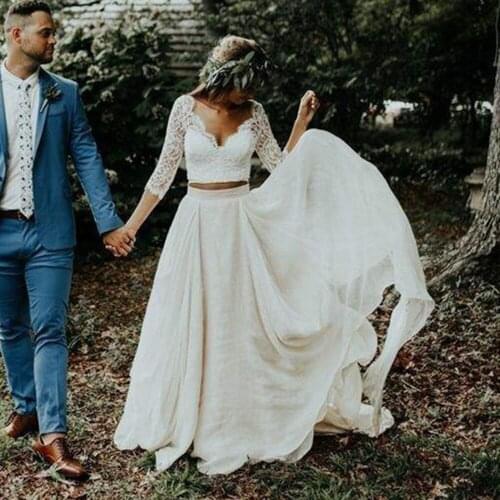 Lace Two Piece Boho Wedding Dresses with Long Sleeves A Line White Ivory Chiffon Beach Bride Gowns 2020 V Neck Floor Length