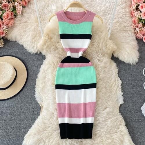 2021 summer new slim and thin striped ice silk sleeveless mid-length round neck knitted bag hip dress women