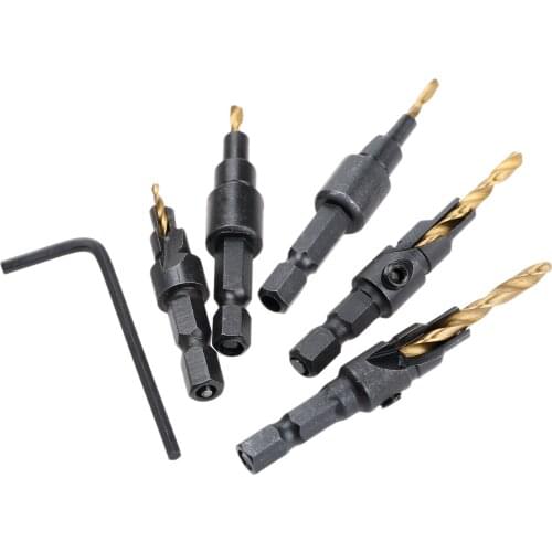 5pcs/kit HSS Titanium Countersink Drill Kit Quick Change 1/4" Hex Shank Screw #5 #6 #8 #10 #12 Woodworking Craft Tools Drilling