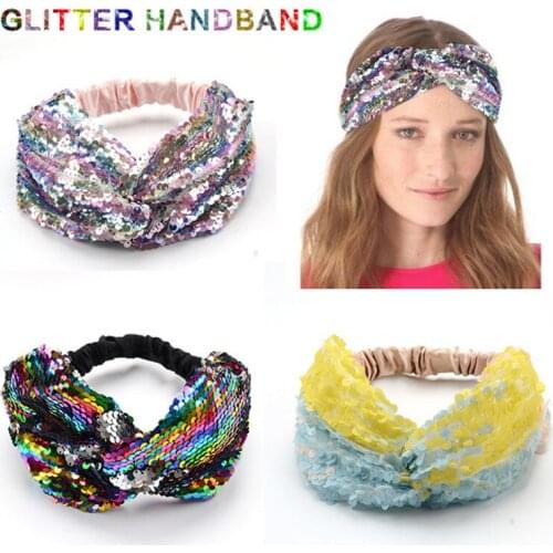 2018 New Women Mermaid Reversible Sequin Headbands For Girls Turban Handmade Cross Elastic Bands Lady Hair Accessories
