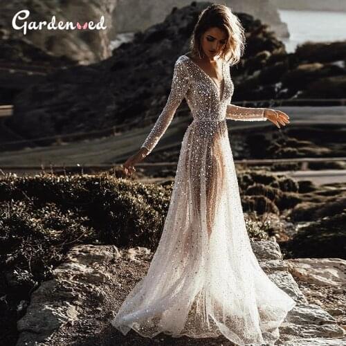 Sexy Illusion Boho Wedding Dress 2020 A-Line Backless Bride Dresses Wedding Gowns Sequined Beading Mermaid Wedding Dress
