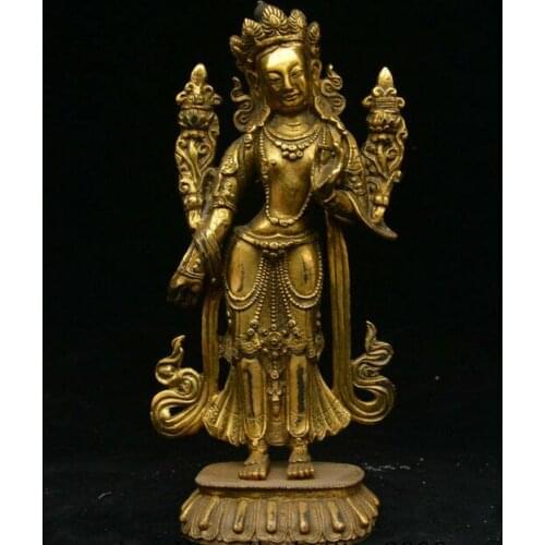 8" Old China Bronze Gilt Female Medicine Guru Guanyin Buddha Boddhisattva Statue