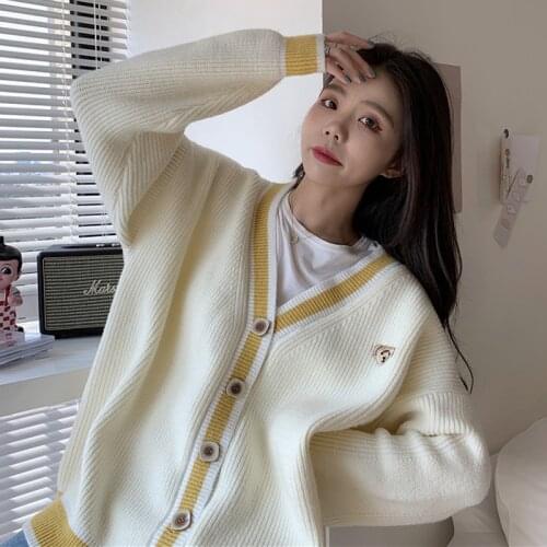 Cardigan Sweater Women V-Neck Cute Cartoon Embroidery Kawaii Harajuku Striped Sweater Coat All-Match Students Girls Knit Jacket