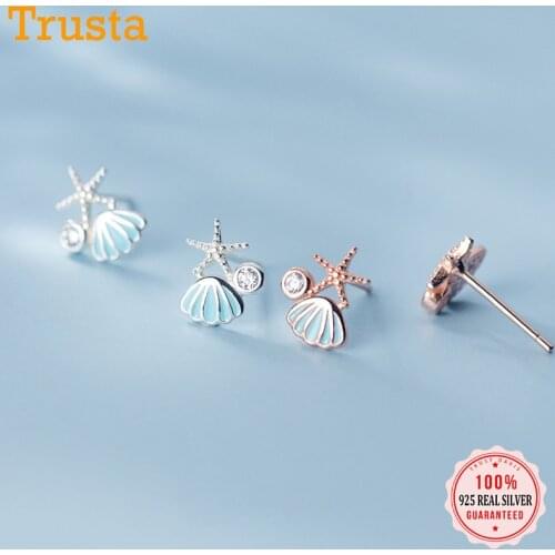 TrustDavis Real 925 Sterling Silver Sweet Charm Shell Starfish CZ Stud Earrings For Women Wedding Birthday Fine Jewelry DA2154