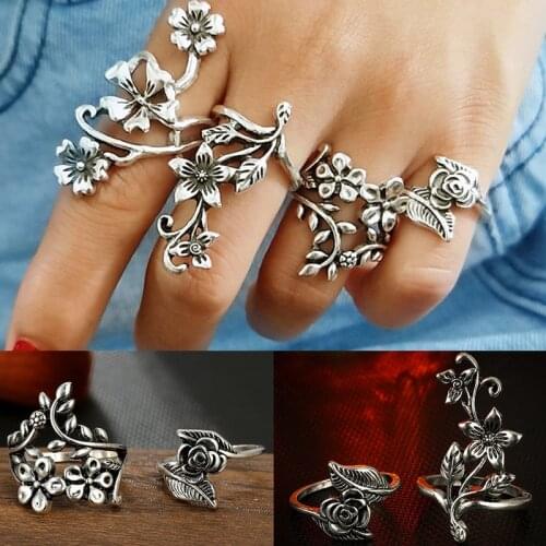 4Pcs Flower Rings Set Women Bohemia Vintage Phalanx Rings For Women Gothic Silver Color Jewelry Ring Girl Gifts